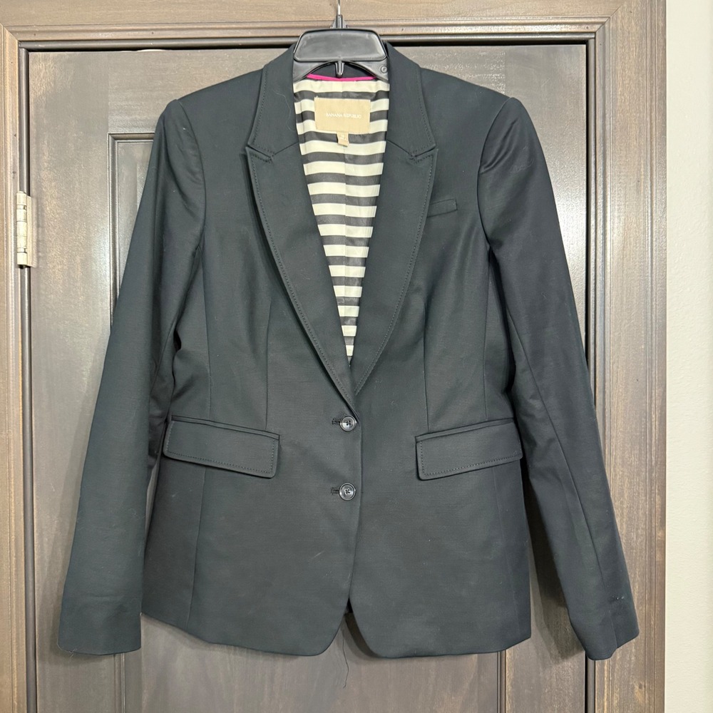 Banana Republic Womens Black Two Button Striped Lining Blazer Jacket Size 12
